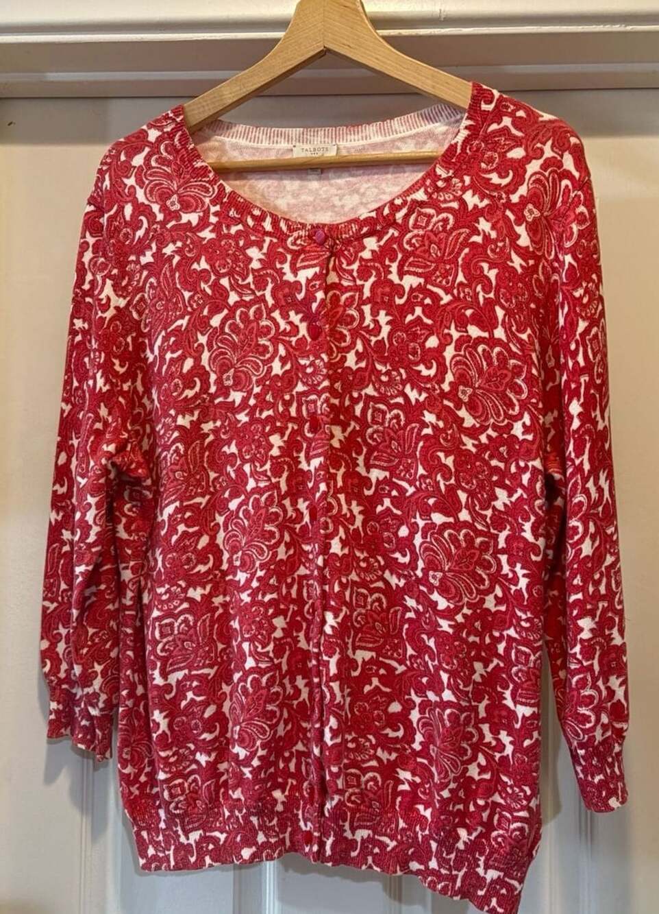 Talbots Cardigan Size XL Red White Floral Cotton